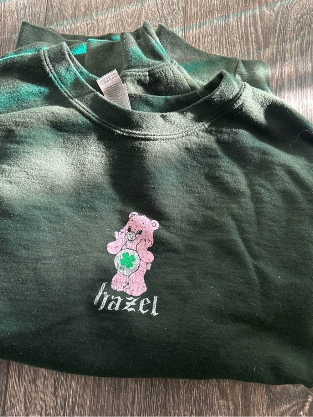 hazel Dark Green Sweatshirt with Pink Bear Graphic